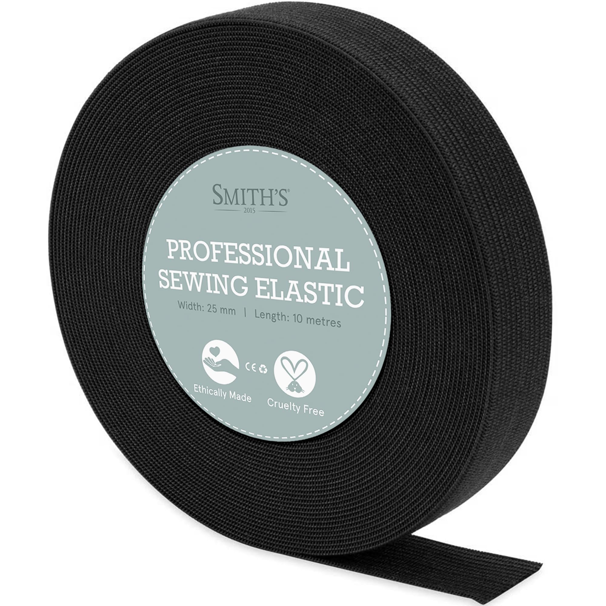 Black Elastic Band by Smith’s® | 25mm (1 Inch) Width | 10 Metres (11 Yards) Length | Flat Cord | for Sewing, Arts & Crafts, Dressmaking, Waistband, Haberdashery, Wig, DIY, Clothing