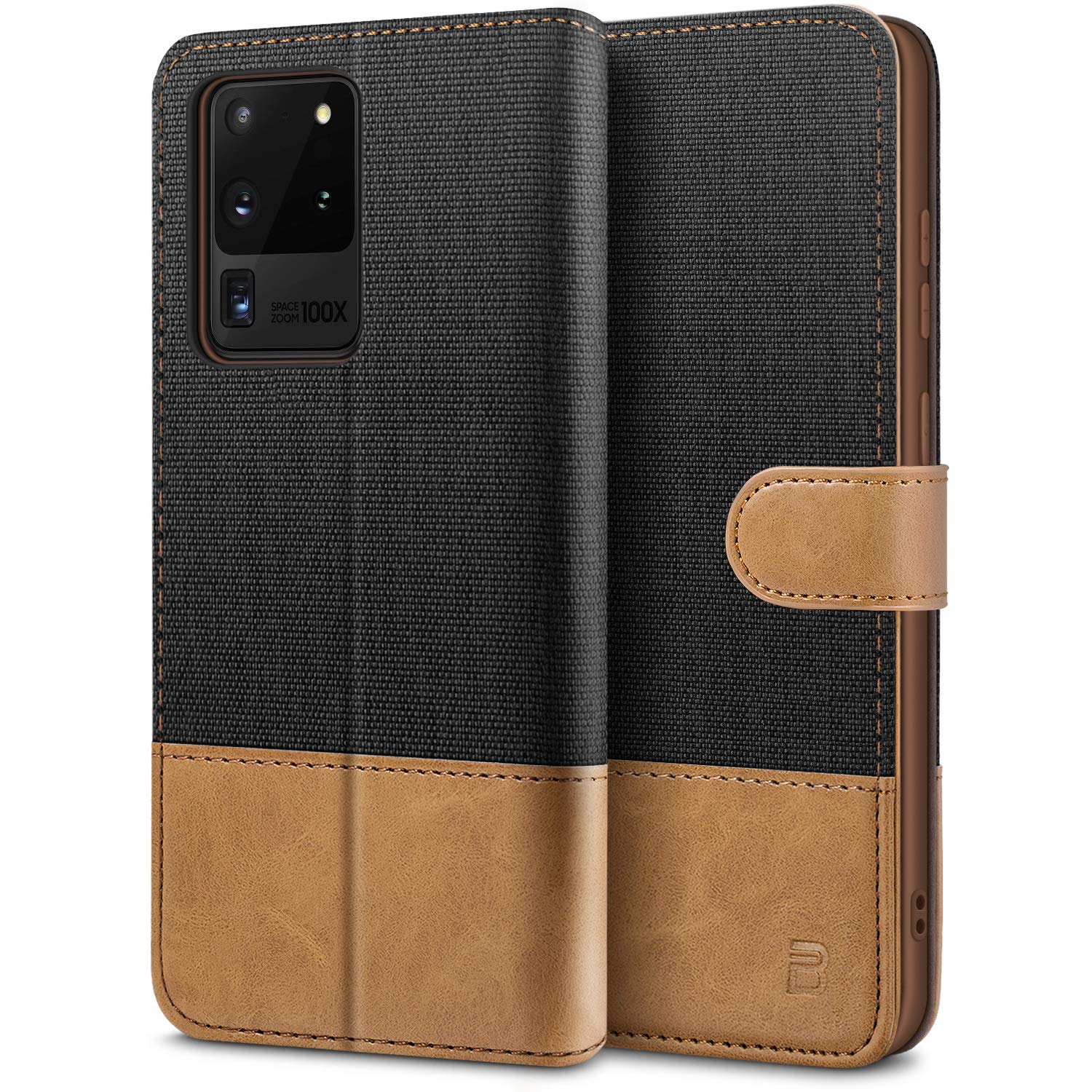 BEZ Case for Samsung S20 Ultra, Flip Phone Case Compatible with Samsung Galaxy S20 Ultra 5G, Wallet Cover [Canvas Faux Leather] with Credit Card Holders, Kick Stand, Magnetic Strap Closure, Black