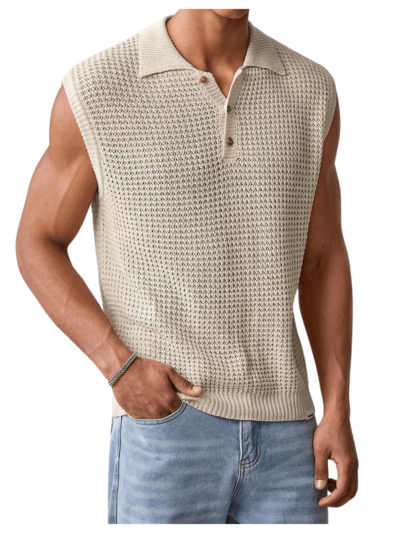Photo 1 of SHENHE Men's Button Front Collared Crochet Sweater Vest Sleeveless Fitted Pullover Sweater Beige Medium