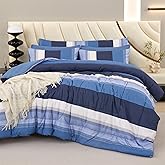 RYNGHIPY Navy Blue Comforter Set Full Size: 8 Pieces Bedding Set Colorblock Stripe Lightweight Soft All Season Comforter Sets with Sheets Pillowcases (Full,Navy)
