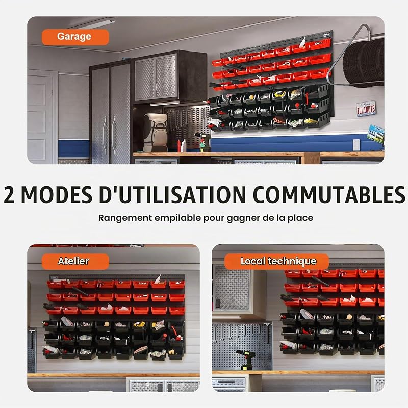 Étagère Bac à Bec Plastique, 48 Boites Rangement Empilables Atelier Garage avec Panneaux Muraux, Organisateur Outils pour Écrous, Boulons, Vis, Clous, Perles, Boutons, Petites Pièces, Noir/Rouge