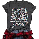 I'm Fine Everything's Fine Women's Christmas Shirts Casual Short Sleeve Tees Tops with Christmas Lights