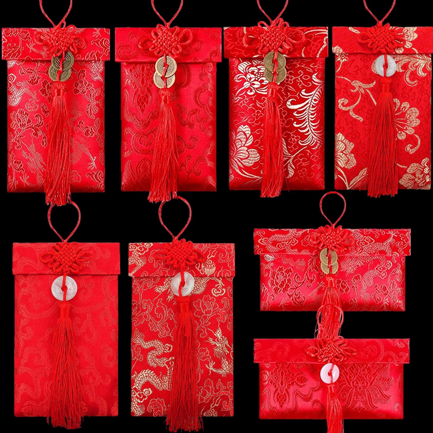 8 Pcs Silk Red Envelopes Chinese New Year Red Envelopes Lucky Money Red Pockets Chinese Red Envelopes Hong Bao Gift Card Envelopes for New Year, Spring Festival, Brithday, Wedding