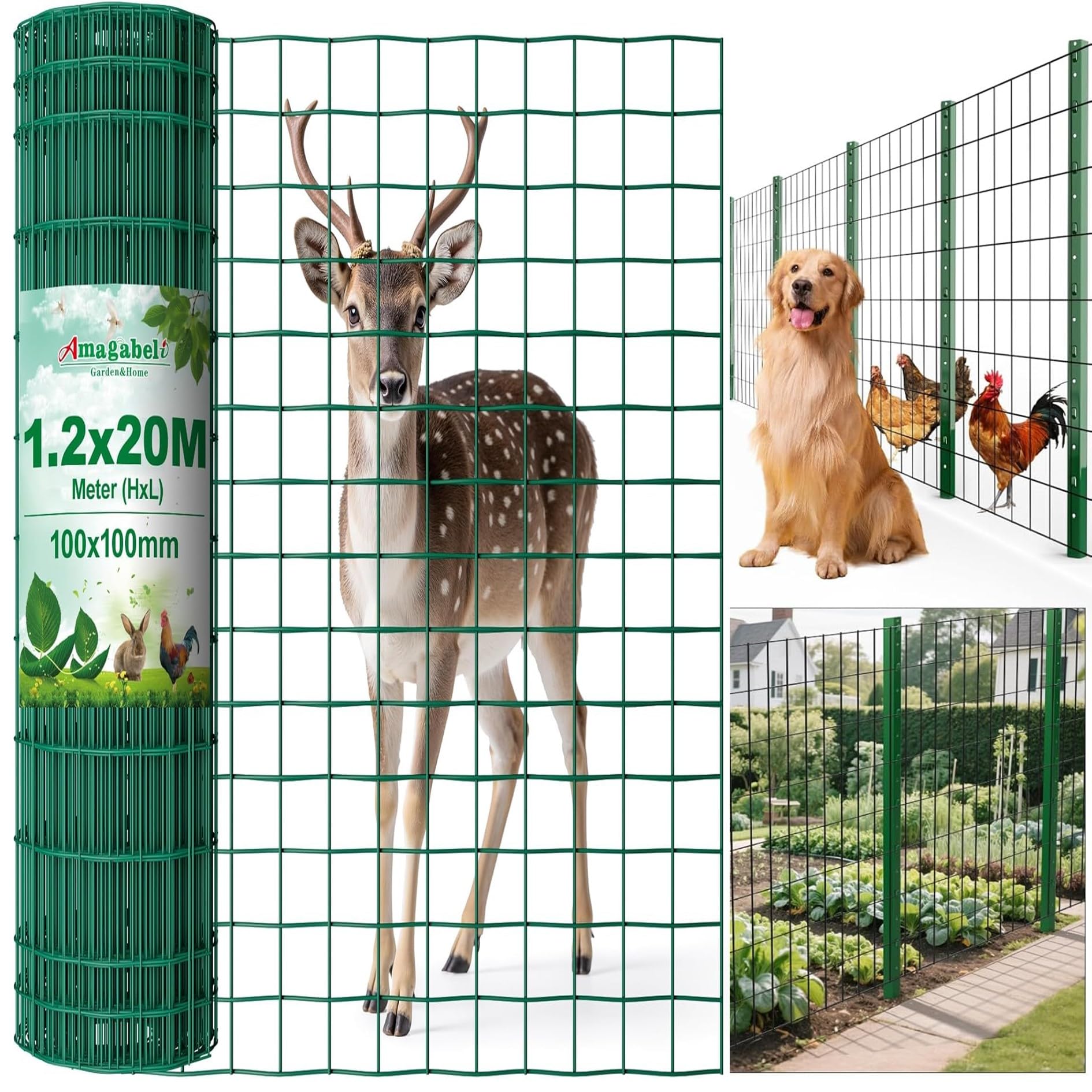 Amagabeli Garden Home 1.2M X 20M Green Wire Mesh Fencing RAL6005 PVC Coated 100 x 100mm Mesh Size 2.2mm Wire Diameter Galvanized Wire Fence Roll Garden Poultry Netting Chicken Wire Hardware Cloth