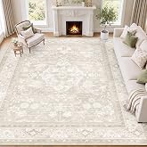 SameBed 9x12 Area Rug Living Room, Vintage Neutral Washable Carpet Beige | Non-Slip, Easy to Clean, Pet Friendly, Large Water Repellent Boho Decor Rug for Bedroom, Dining Room, Farmhouse, Under Table