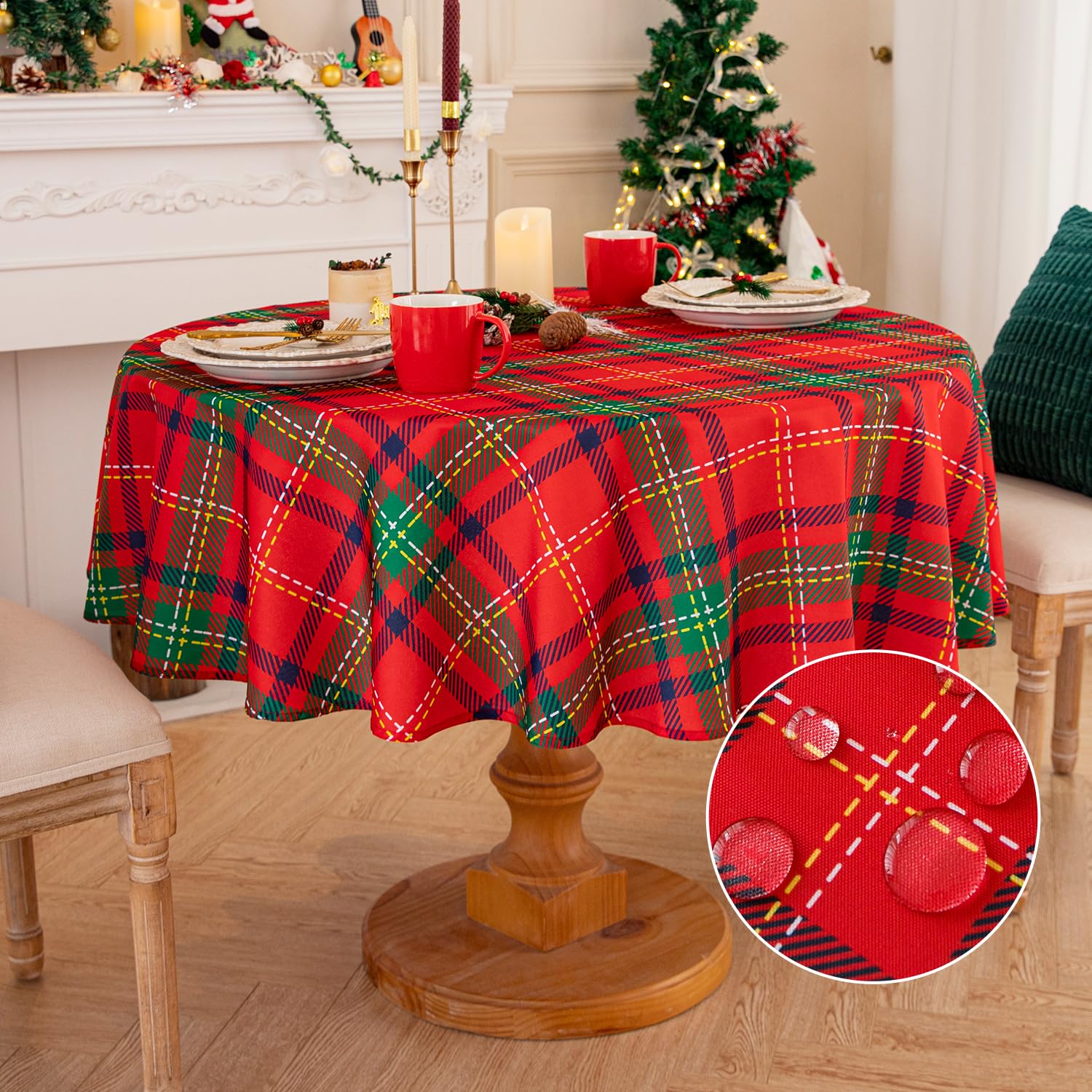 Romanstile Round Christmas Table Cloth Wipe Clean 150 cm Diameter Red & Green Gingham Xmas Tablecloths Small Table Cover Festive Decor for Kitchen Dining Outdoor Autumn Party Wedding Winter New Year