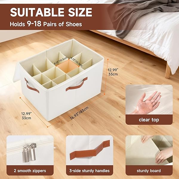 KITHERO 2-PACK SHOE ORGANIZER FOR CLOSET, FOLDABLE SHOE STORAGE CONTAINER WITH ADJUSTABLE DIVIDERS & CLEAR LID, HOLDS UP TO 12 PAIRS, SPACE-SAVING SHOE BOXES, WHITE