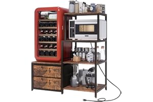 Cooday Mini Fridge Stand with Storage, Microwave and Mini Fridge Stand with Power Outlet, Coffee Bar, Kitchen Baker, for Dorm, Office(Brown)