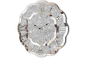 Crushed Diamond Mirrored Wall Clock Silver Modern Crystal Clocks for Bedroom Unique Home Decorative Glass Mirror Hanging Cloc