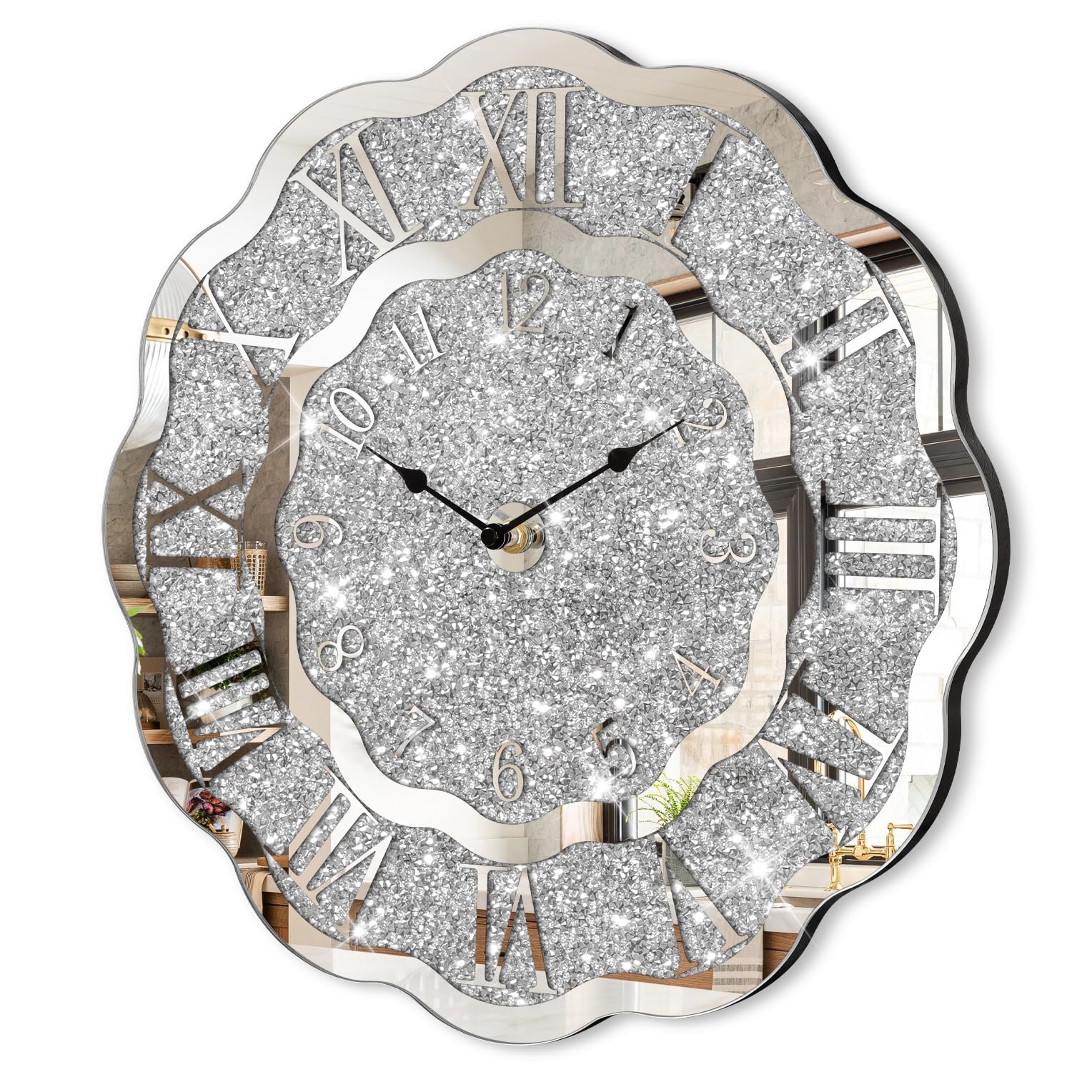 Photo 1 of FEUFOAM Crushed Diamond Mirrored Wall Clock Silver Modern Crystal Clocks for Bedroom Unique Home Decorative Glass Mirror Hanging Clock for Living Room Office Dining Decor