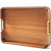 Acacia Wood Serving Tray with Metal Handles, 17x12in Food Drinks Tray for Coffee Table, Breakfast, Dinner & Bar, Rustic Decorative Storage Tray for Ottoman, Kitchen, Parties