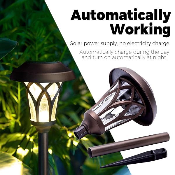 GIGALUMI 6 PACK SOLAR PATHWAY LIGHTS OUTDOOR, METAL GLASS & ABS SOLAR LANDSCAPE LIGHTS WATERPROOF IP65, WARM WHITE SOLAR POWERED GARDEN LIGHTS FOR YARD PATIO WALKWAY DRIVEWAY (BROWN)