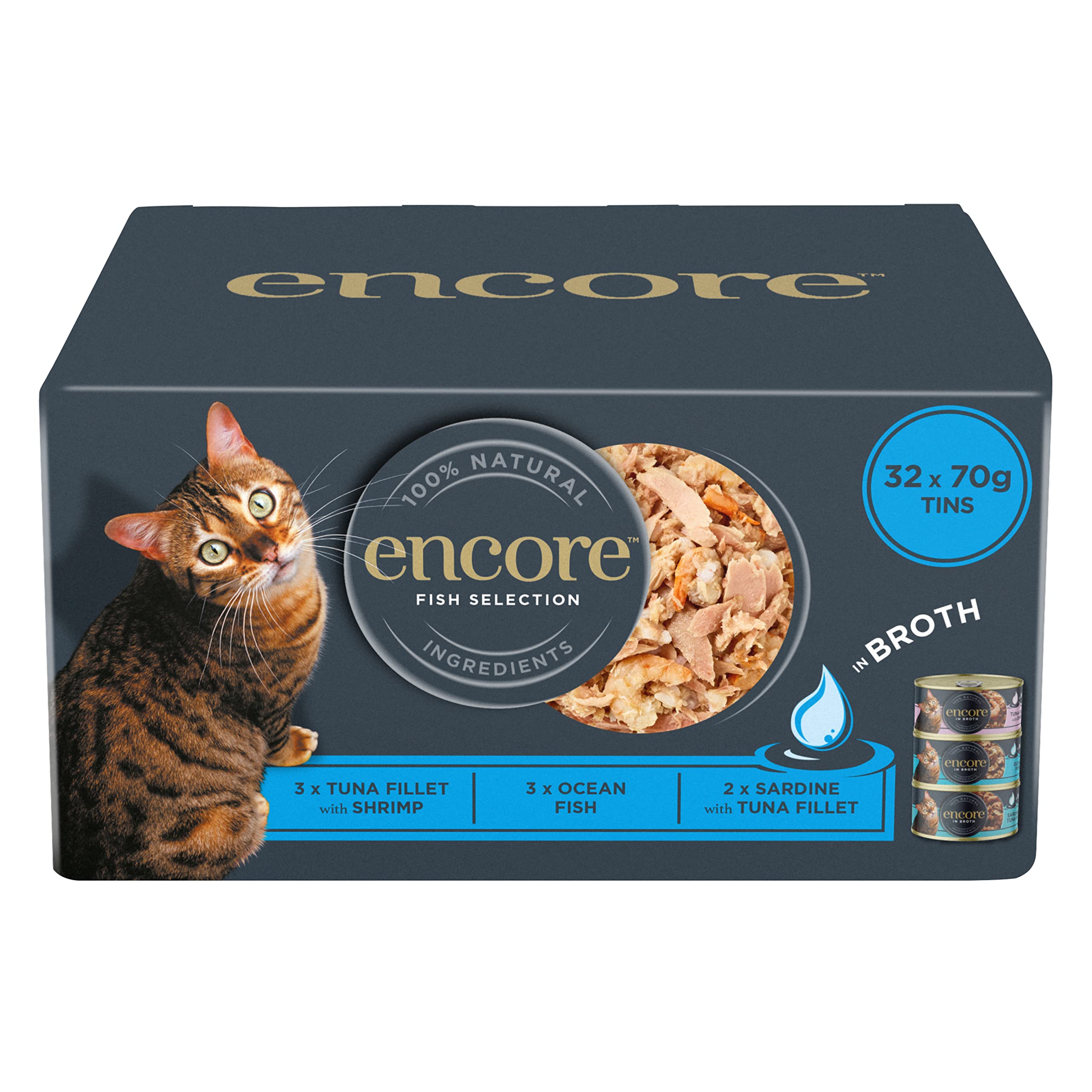 Encore 100% Natural Wet Adult Cat Food, Fish Selection in Broth, 70g Tins (Pack of 32 Tins)