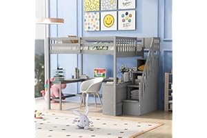 BOVZA Full Size Loft Bed with Storage Stairs, L-Shape Desk and 3-Tier Bookcase Shelves, Wood High Loft Bed Frame with Staircase & Guardrails for Kids Boys Girls Teens, Gray