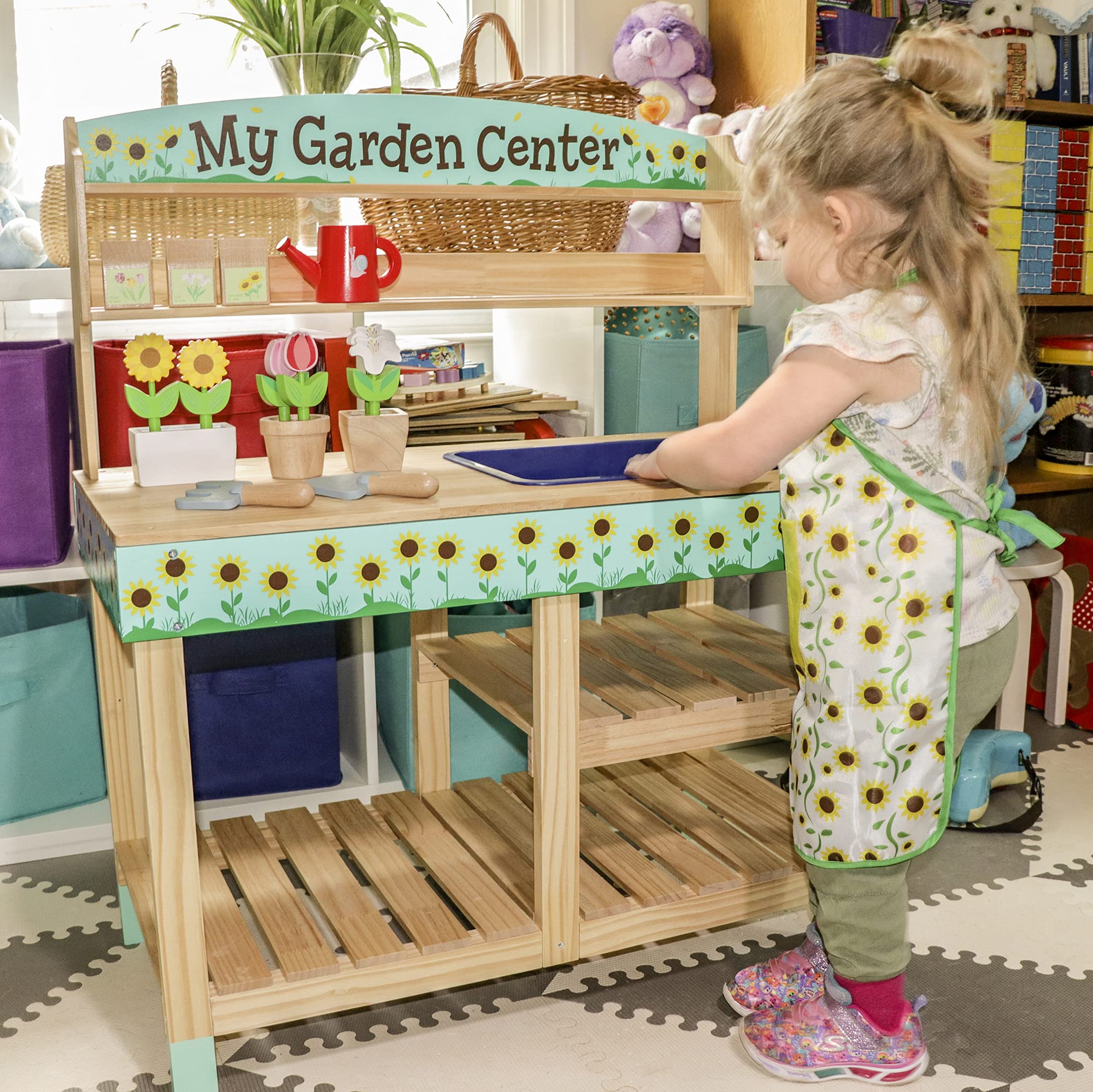Svan Wooden Toy Gardening Center Indoor Playset - 22 Pc Garden Stand Set w Flowers, Seed Packets, Pots, Shovel Rake Apron Watering Pot- Great Interactive & Fun Pretend Playtime, Gift for Boys Girls