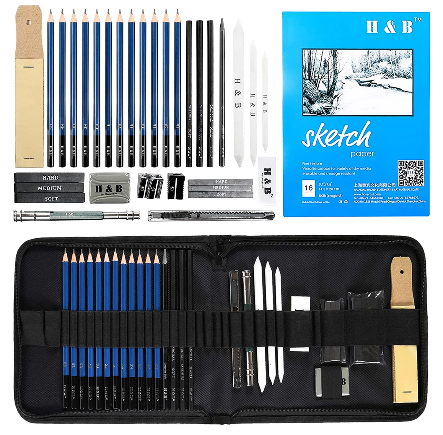 H & B 33pcs Sketch Pencils Set Artists Drawing Kit in Pencil case with Pencil Sharpener Art Supplies for Student Painter Beginner