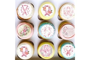 Fyeoxle 36PCS Edible Ribbon Breast Cancer Awareness Cupcake Toppers Wafer Paper Colorful Ribbon Cupcake Toppers Fight Hope Believe Breast Cupcake Picks for Breast Cancer Party Cake Decor Supplies