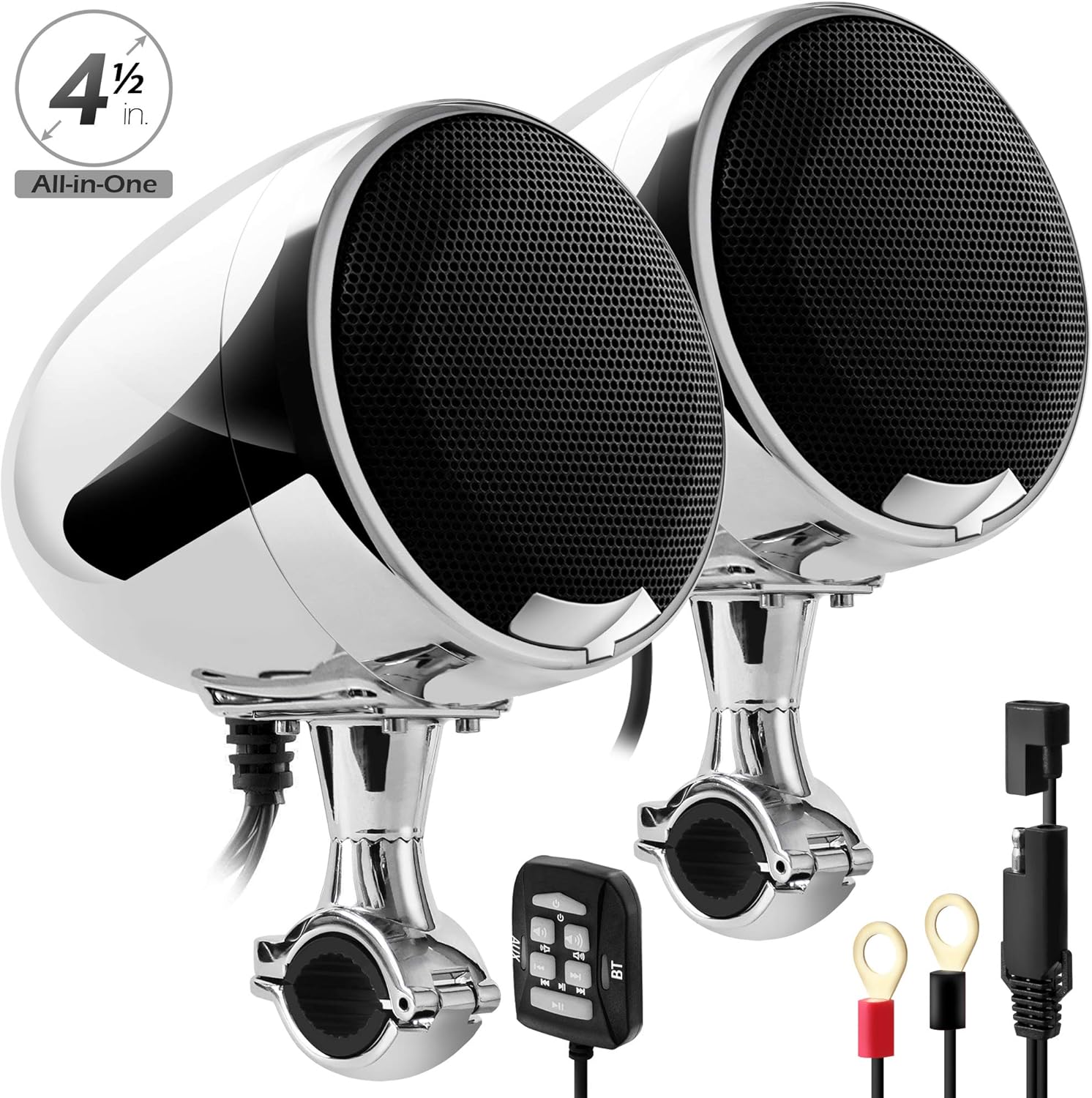 GoHawk AN4-X 600W All-in-One Built-in Amplifier 4.5" Full Range Waterproof Bluetooth Motorcycle Stereo Speakers Audio Amp System w/AUX for 7/8 to 1.25" Handlebar Harley Cruiser Can-Am ATV RZR Polaris