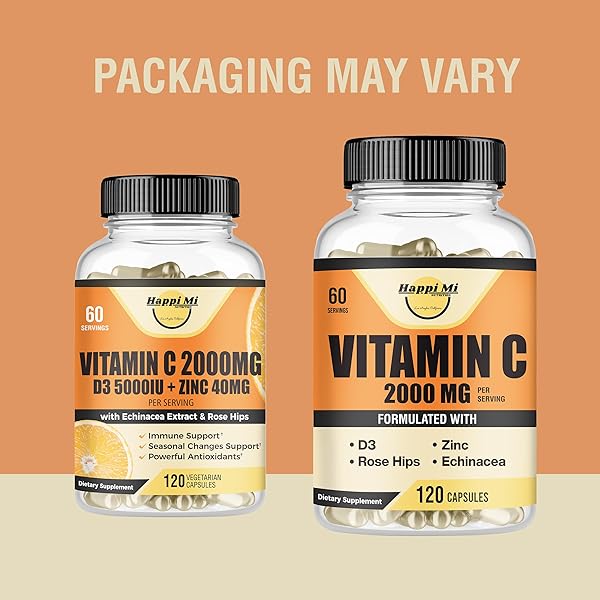 HAPPI MI NUTRITION VITAMIN C 2000MG, ZINC 40 MG, VITAMIN D3 5000 IU, ECHINACEA EXTRACT, ROSE HIP, IMMUNE SUPPORT FOR ADULTS & KIDS, IMMUNE BOOSTER,120 VEGAN CAPS, 60 DAY SUPPLY, NON GMO, NO FILLER