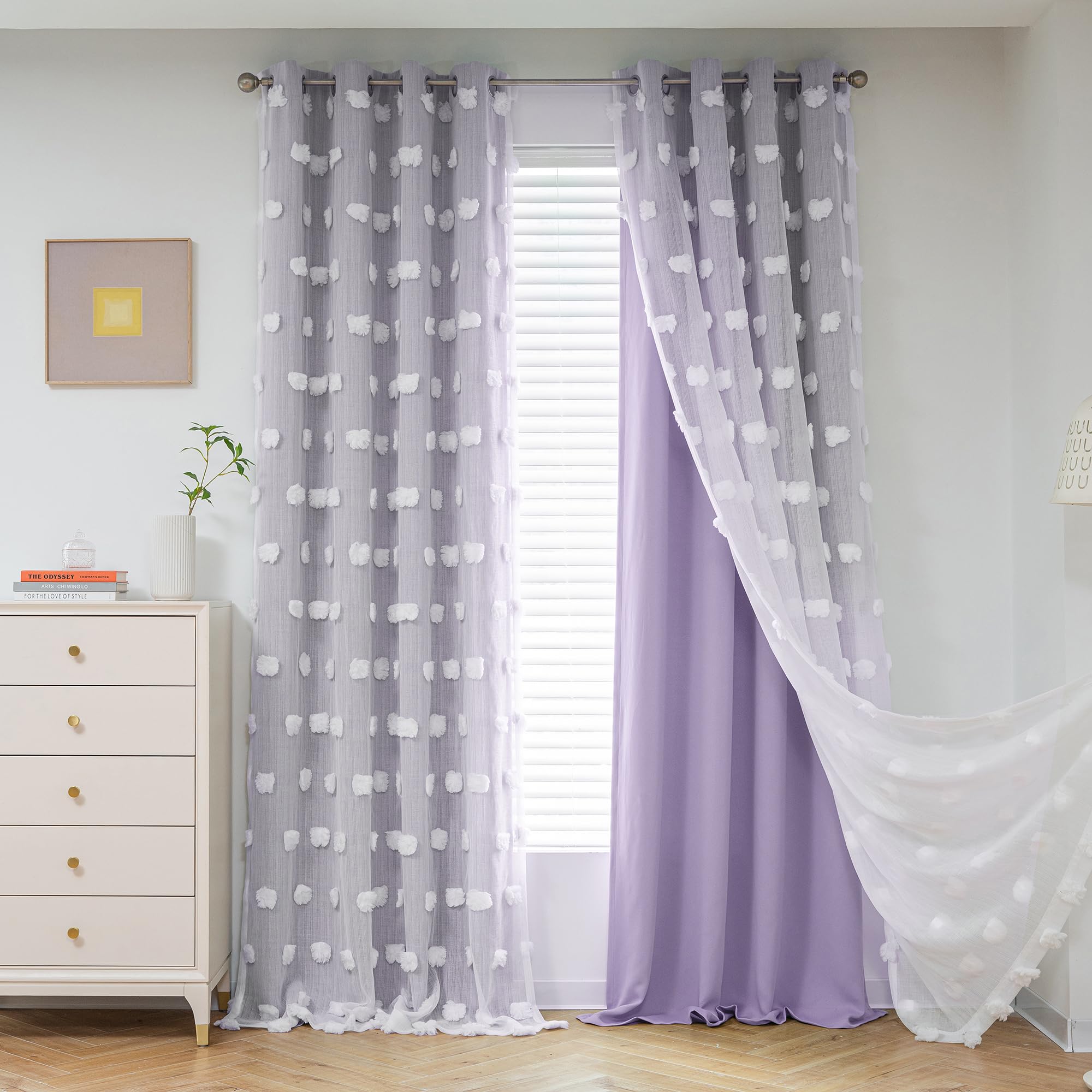 Photo 1 of ***PARTIAL SET - PRICE ADJUSTED***
MYSKY HOME Light Blocking Lilac Curtains White Sheer Pom Pom Kids Room Decor Drapes for Living Room 95 Inches Long Double Layer Curtains for Sliding Door Grommet Window Panels Set of 2 52" x 95"