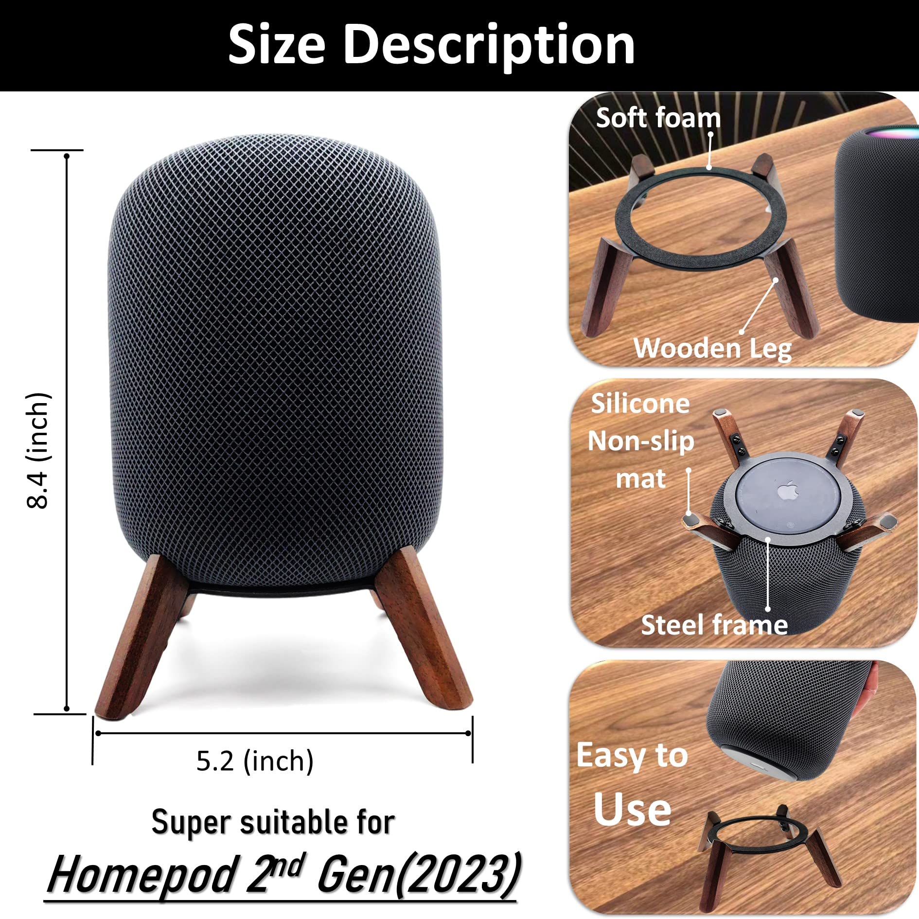 Real Wood Stand for Homepod 2nd gen (2023 Released), Wooden Holder with Metal Frame for Better Sound,Sturdy Stable Mount with Anti-Slip Protects Apple Home pod 2nd Smart Speaker (Walnut)