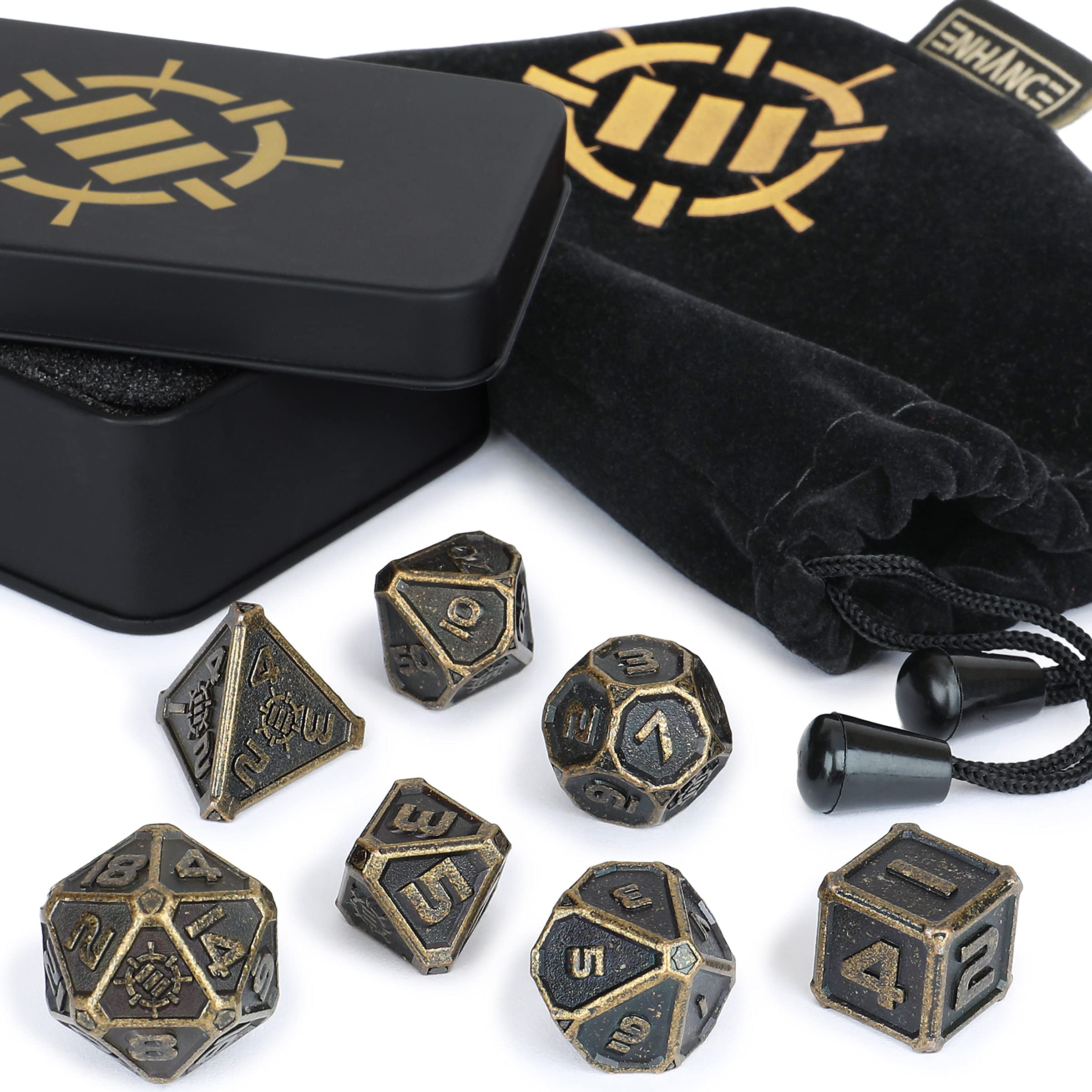 ENHANCE DnD Metal Dice Set - 7pc Polyhedral Dice with Storage Case and Drawstring Bag - Solid Metal Set for Dungeons and Dragons, Pathfinder, more RPGs (Ancient Bronze) — image 1