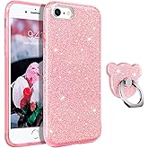 GUAGUA Compatible with iPhone SE 2022/2020 Case, iPhone 8/7 Case 4.7 Inch Glitter Sparkle Bling Cover for Girls Women with Extra Ring Kickstand Slim Protective Case for iPhone SE 3rd/2nd, Pink