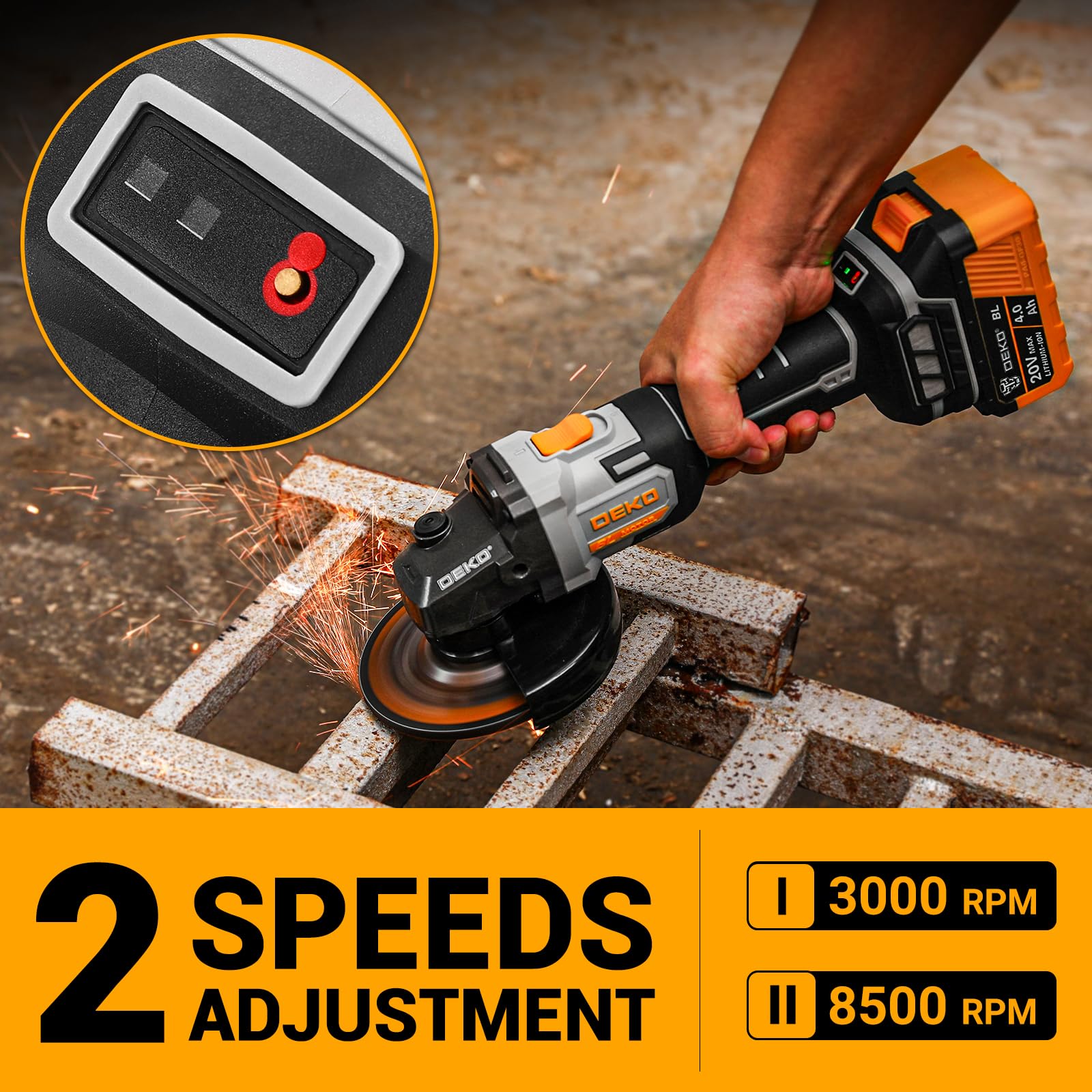 Akku-Winkelschleifer 20V Ø 125mm: DEKOPRO Schleifer mit 4.0Ah Akku, bürstenloser Motor, 8500RPM – inkl. 2 Schleif-, 1 Trennscheiben, 2 Schutzhauben, Akku & Ladegerät für Trennen Schleifen Polieren 3
