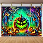 BlissYard Halloween Blacklight Tapestry 78x59 Inch Glow in the Dark Halloween Pumpkin Forest Tapestry with Spiders Lantern Pumpkin UV Reactive Wall Hanging for Bedroom Party Trippy Haunted Decor