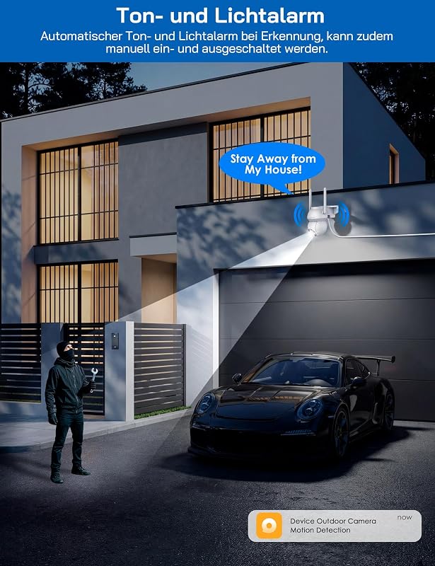 2K 3MP Überwachungskamera für den Außenbereich, 360° PTZ WLAN-Kamera, Farbnachtsicht, KI-Erkennung, Ton- und Lichtalarm, IP65 wetterfest, funktioniert mit Alexa und Google Home, Keine