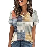 AKEWEI Womens Summer Tops V Neck T Shirts Pleated Clothes Spring Fashion Blouses