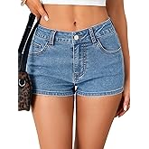 LYANER Women's Mid-High Waisted Denim Jean Shorts Stretchy Skinny Summer Hot Short Pants