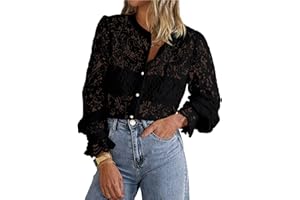 PRETTYGARDEN Women's Dressy Casual Lace Blouse Long Sleeve Button Up Shirts Tops Fall Fashion Clothes