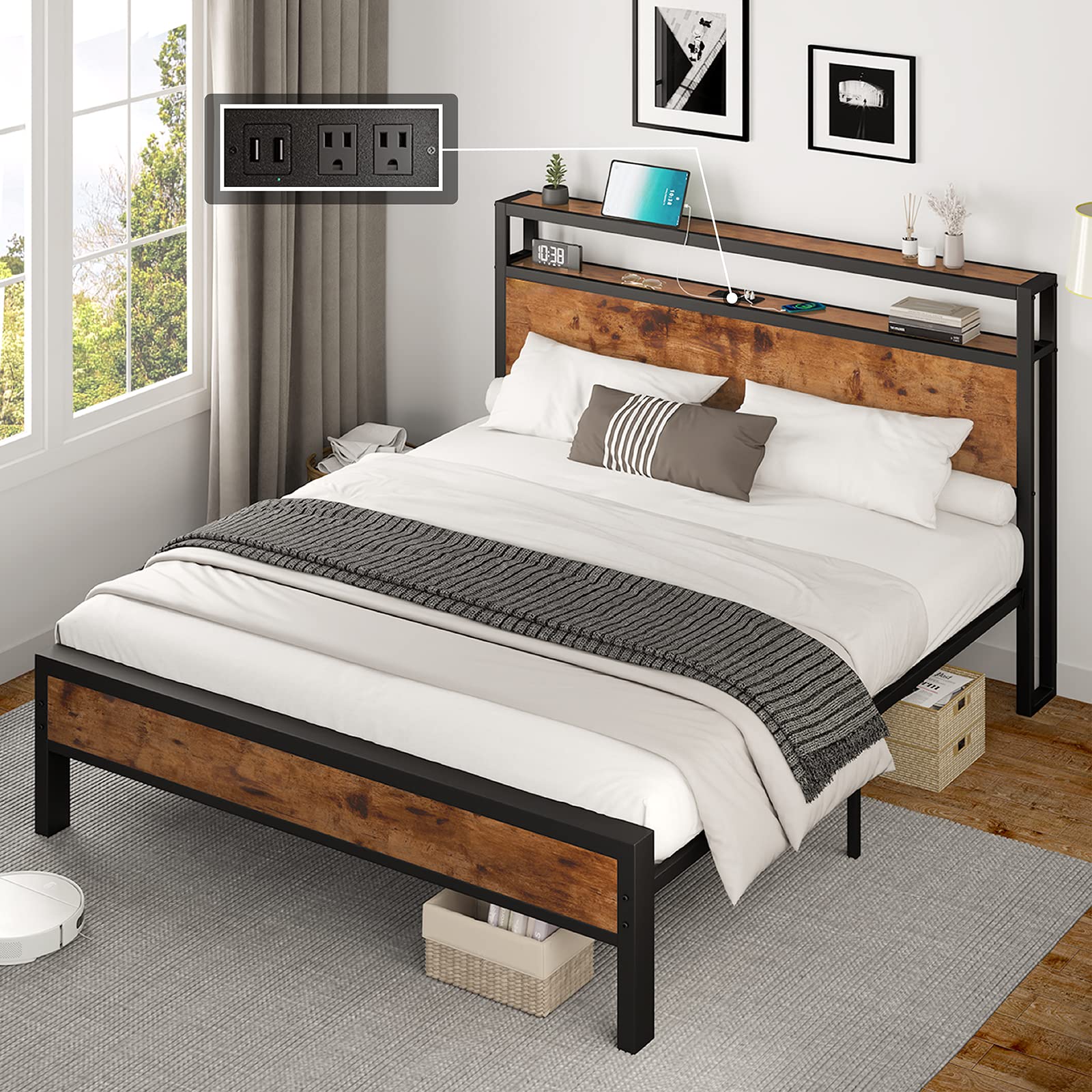 Photo 1 of **reference image**AMERLIFE Queen Size Bed Frame Industrial Platform Bed with Charging Station, 2-Tier Storage Headboard/No Box Spring Needed/Noise-Free/Dark Brown