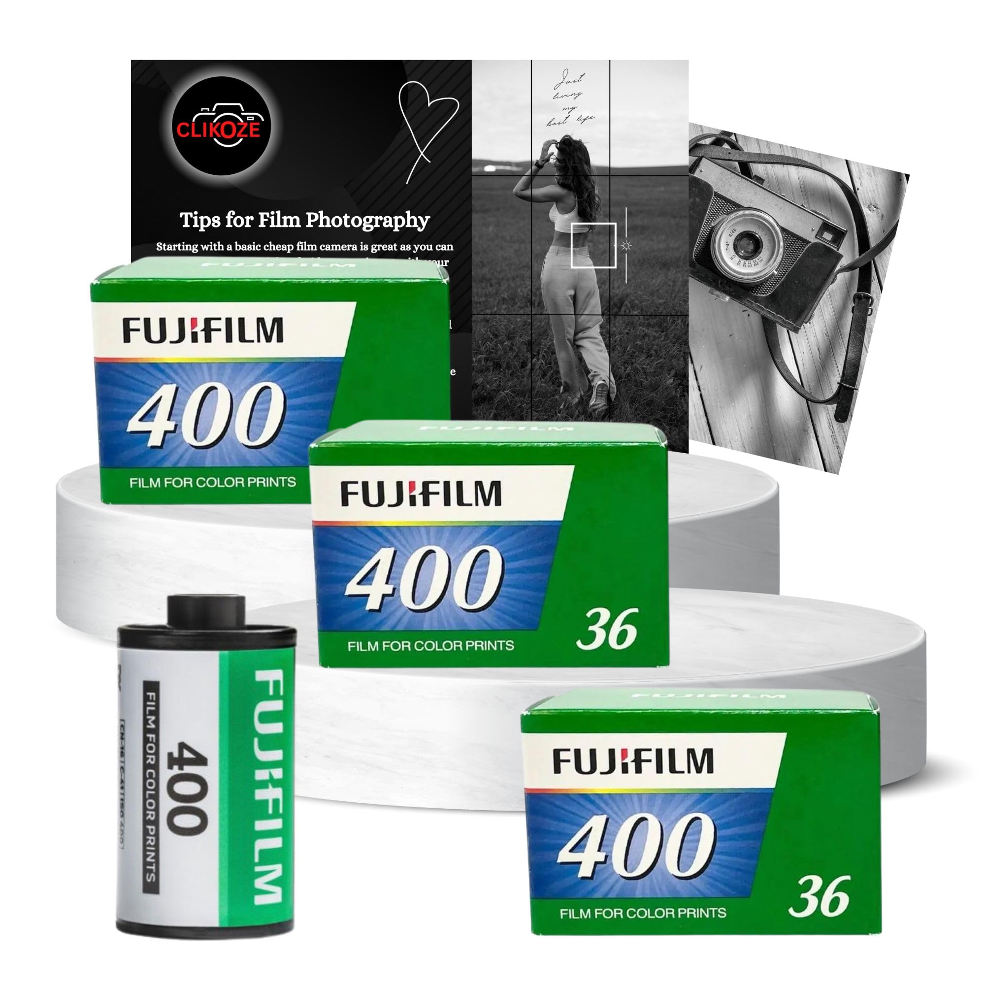 35mm Film Bundle with Fujifilm 400 35mm Film Colour 36 Exposures x3 and Clikoze Camera Photography Tips Card