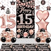 15th Birthday Decorations for Girls, Rose Gold and Black Happy 15th Birthday Decorations Girl, 15th Bday Banner Door Backdrop Balloons Tablecover Number 15 Balloon, 15 Year Old Girl Bday Party Decor