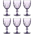 EAST CREEK | Set of 6 Colored Glass Goblets | Vintage Drinking Glasses Set of 6 | 8.5 oz Embossed Design | Drinking Glass with Stem | Wedding Glass (Violet)