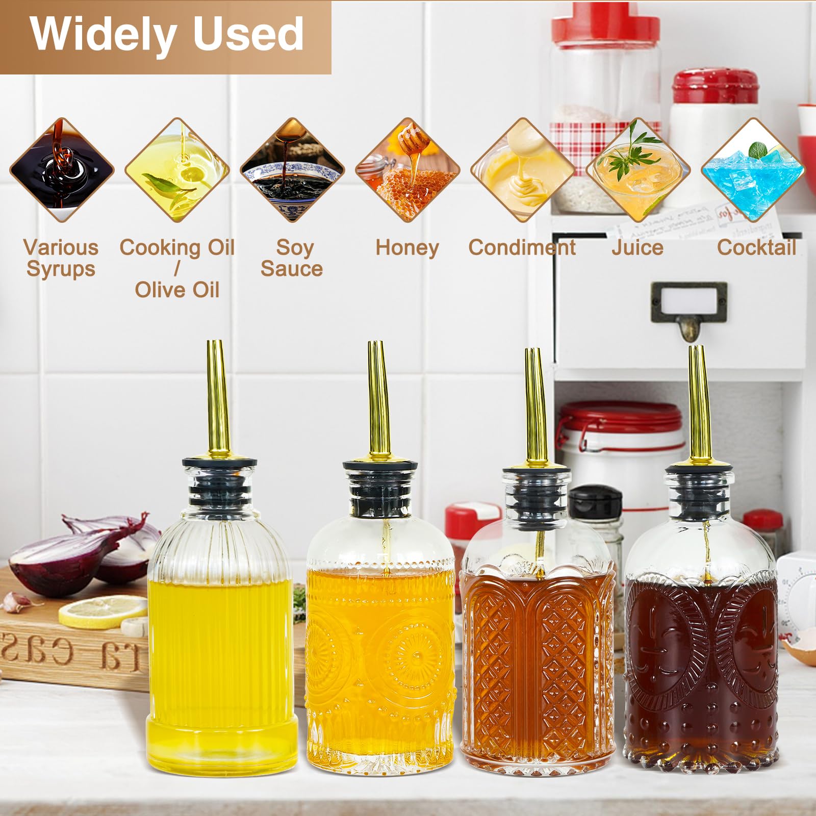 Coffee Syrup Dispenser Bottles Set 4 Pcs, 7oz/200ml Coffee Bar Accessories with Metal Pour Spout, Simple Syrup Bottles for Coffee Syrups, Honey, Condiments, Olive Oil, with Label, Funnel, Cork, Brush