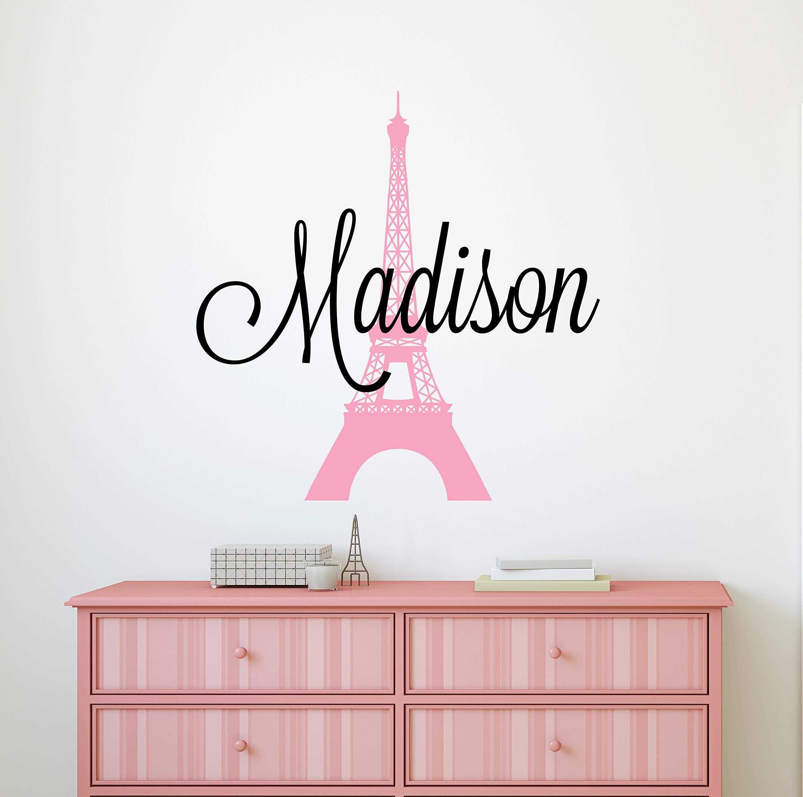 Custom Name Paris Wall Decal - Girls Personalized Name Eiffel Tower Wall Decor - Girls Name Sign Stencil Monogram Bedroom Room Wall Art Mural Vinyl Sticker (22"W x 22"H)