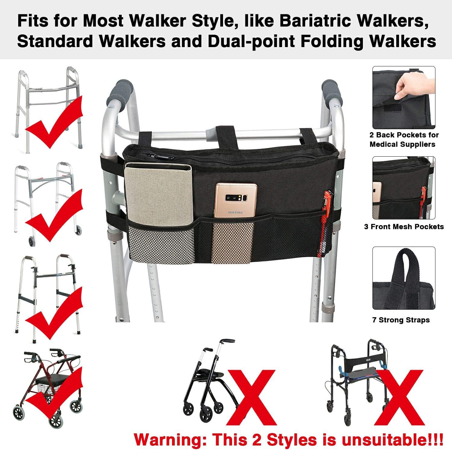 Walker Bag Hand Free Storage Bag Walker Attachment Handicap Basket Pouch for Rollator, Wheelchair, Folding Walkers (Black-Style 2): Health & Personal Care