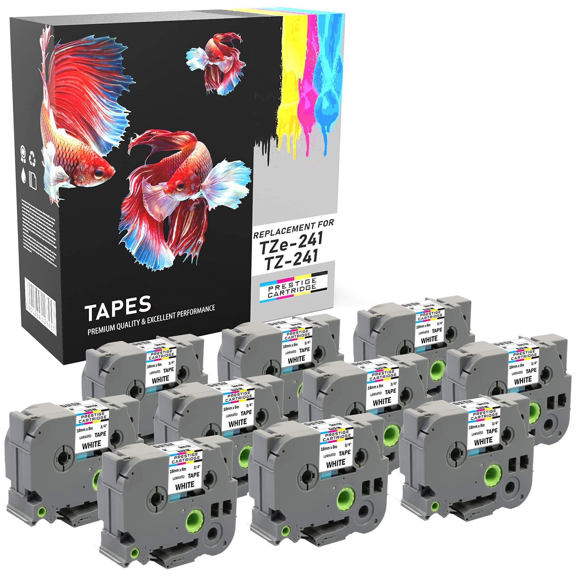 10 Compatible TZe-241 TZ-241 Black on White 18mm x 8m Label Tapes for Brother P-Touch PT-2030VP 2430PC 3600 9600 D400 D400VP D450VP D600VP E300VP E550WVP H300 H500 H500LI P700 P750W Label Makers