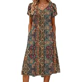 Zeagoo Womens Casual Summer Dress 2026 Short Sleeve Dresses Pleats Midi A Line Flowy Dress Boho Beach Sundress with Pockets