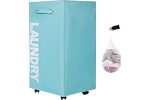 TWIRA 30" XXX Super Large laundry basket with Removable Wash Bag on Wheels (4 Colors), Collapsible Slim Laundry Hamper,Foldable Corner Storage Bins (Light Blue)