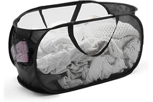TECHMILLY Mesh Pop Up Laundry Basket with Strong Handles, Large Opening Collapsible Clothes Hampers, Portable & Easy for Use (1 Pack, Black)