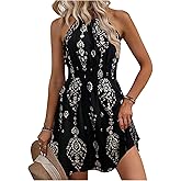 SOLY HUX Women's Floral Halter Mini Dress Boho Sleeveless Flowy Beach Vacation Sundress