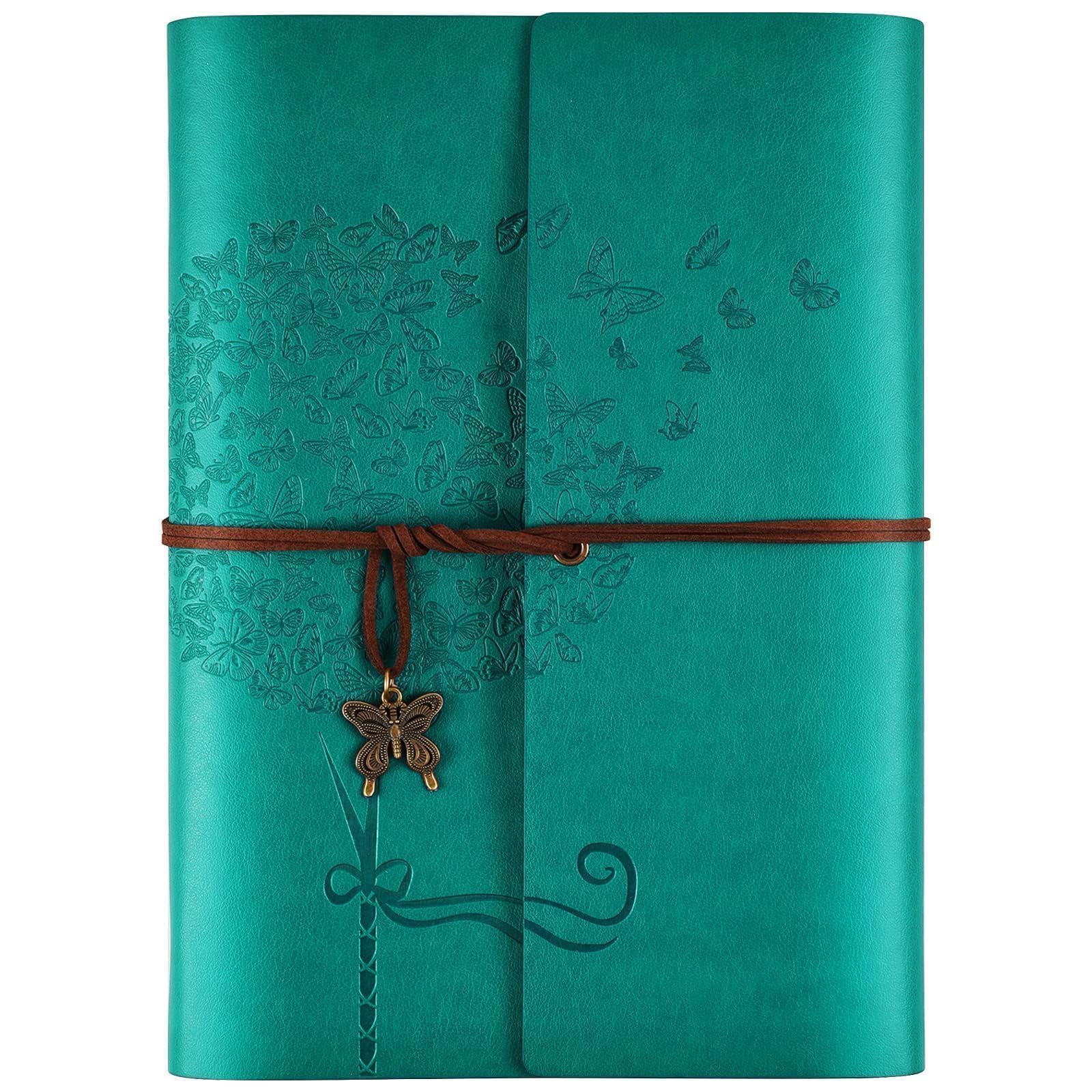OMEYA Leather Journal Notebook, Travel journals for Women, refillable Butterfly Notebook Lined Personal Diary Writing Notebook Gifts A5 16.5 x 23.4cm (Blue)