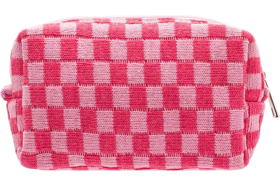 PAZIMIIK Checkered Makeup Bag for Purse Portable Zipper Make Up Pouch Small Cosmetic Case for Travel Accessories (Hotpink)