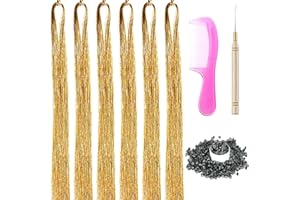 XIAO TAO ZI 6 Packs 43 Inch Hair Tinsel Extensions with Tools Kit 1200 Strands Tinsel Hair Extensions for Women Girls Heat Resistant Sparkling Shiny Glitter Hair Pieces for Christmas Cosplay Party (43 inch, gold)
