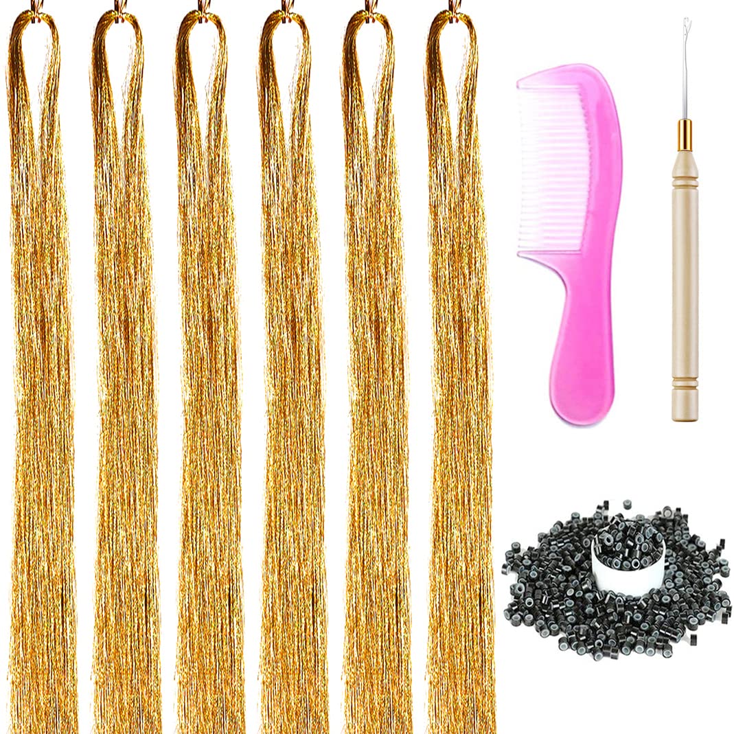 Photo 1 of 6 Packs 43 Inch Hair Tinsel Extensions with Tools Kit 1200 Strands Tinsel Hair Extensions for Women Girls Heat Resistant Sparkling Shiny Glitter Hair Pieces for Christmas Cosplay Party (43 inch, gold)