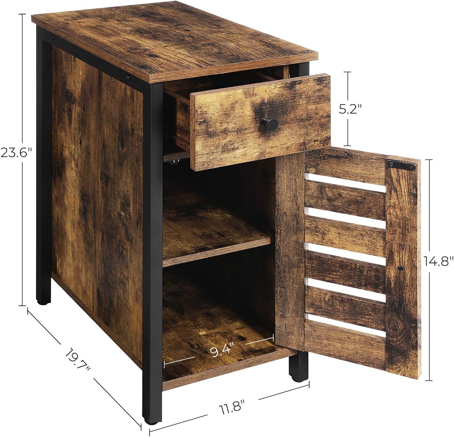 VASAGLE Narrow Side Table, End Table with Drawer, Shutter Door, Nightstand for Small Spaces, Living Room, Industrial Style, Rustic Brown and Black ULET066B01: Kitchen & Dining